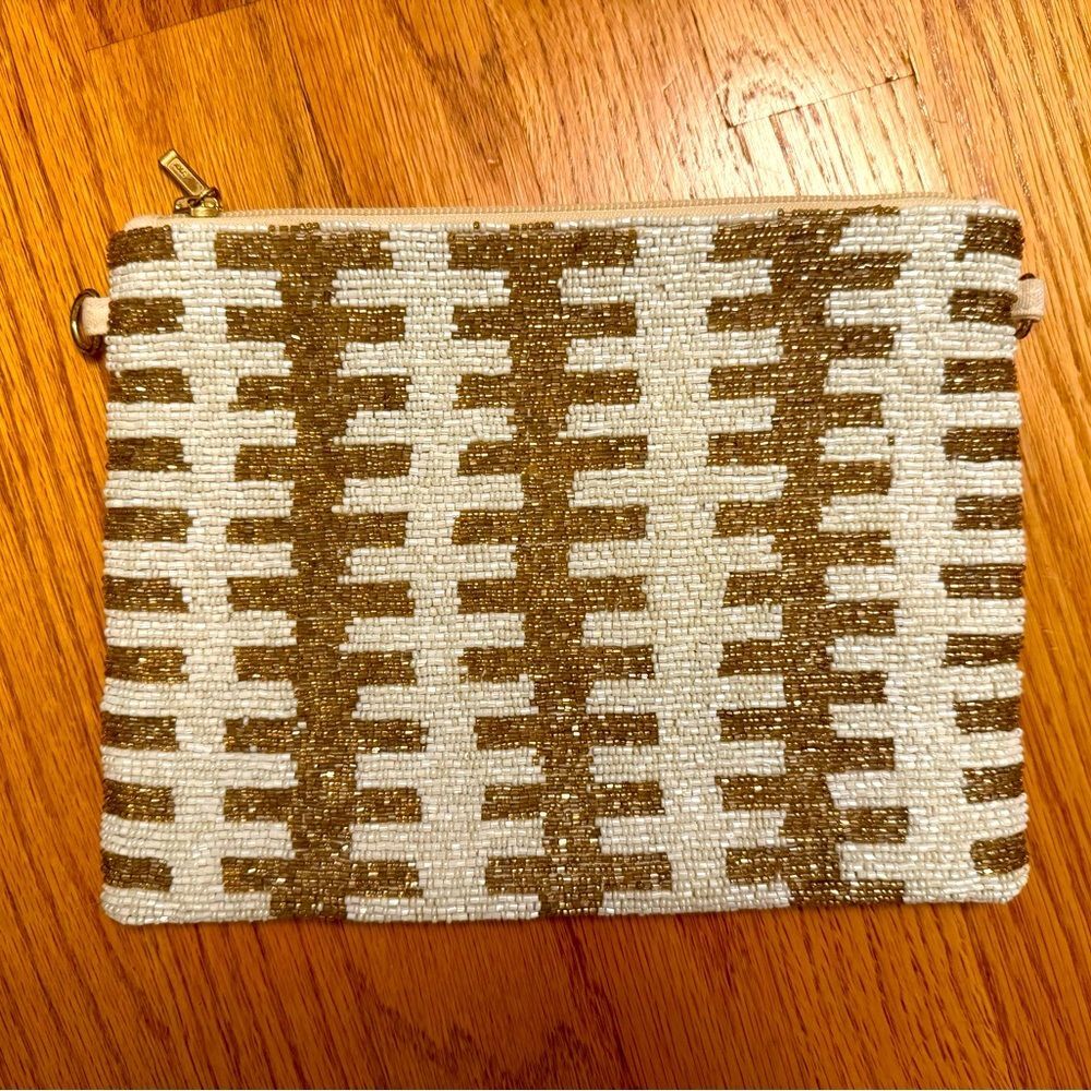 Kay Lee New York White & Gold Beaded Clutch Bag